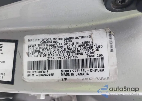 2003 Toyota Matrix Standard из США, поврежденный, VIN 2T1KR32E73C141425